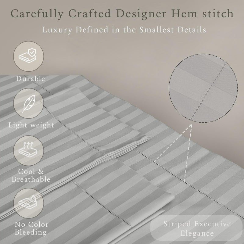 Threadmill 500 Thread Count King Size Damask Stripe, 4 Pc Luxury Cotton Bed Sheet Set, Silky Soft Light Grey Sheets with 16" Elasticized Deep Pocket, 2 Pillowcases & Free Tote Bag - Image 4